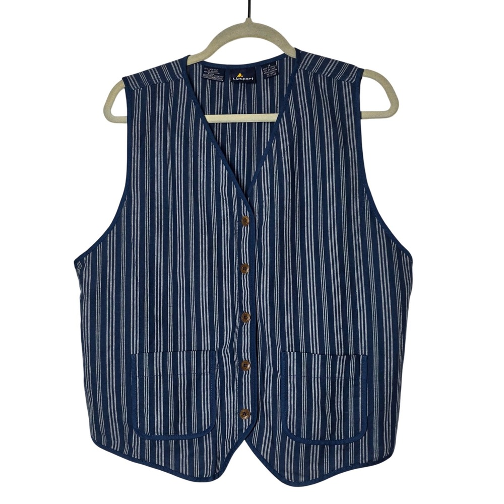 Lizsport Striped Linen Blend Vest Blue White Button Front Cinch Back Size 14 VTG
